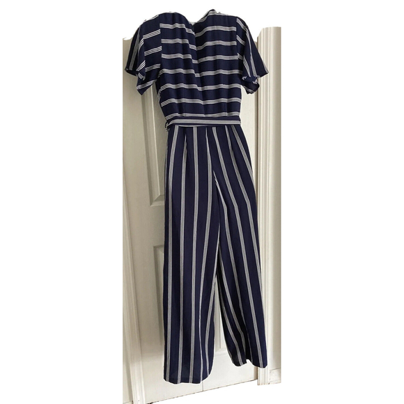 Monteau Los Angeles Sz M Blue White Stripe Casual/Lounge Jumpsuit Slit Wide Leg - Picture 4 of 10